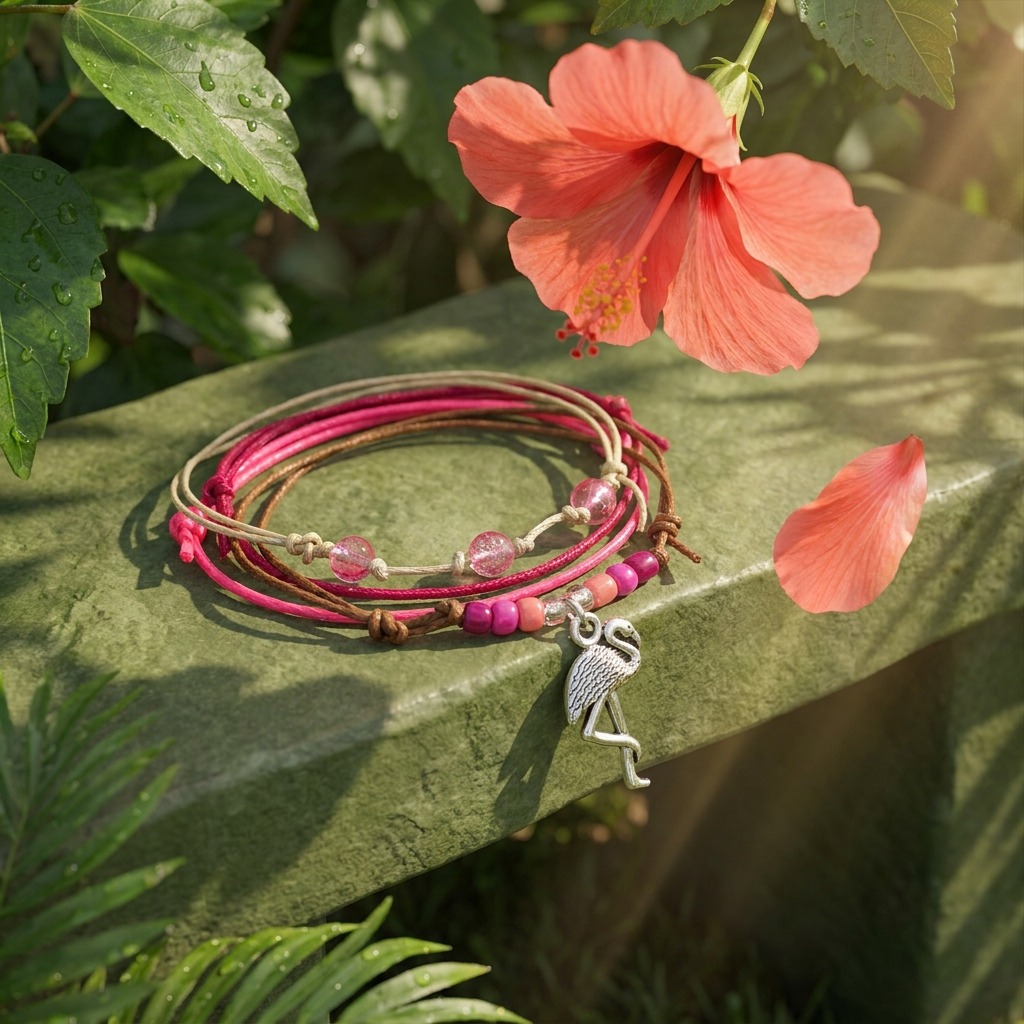 Your Flamingo Bracelet Style Pack brings playful tropical style to any day with a coordinated stack of four adjustable bracel