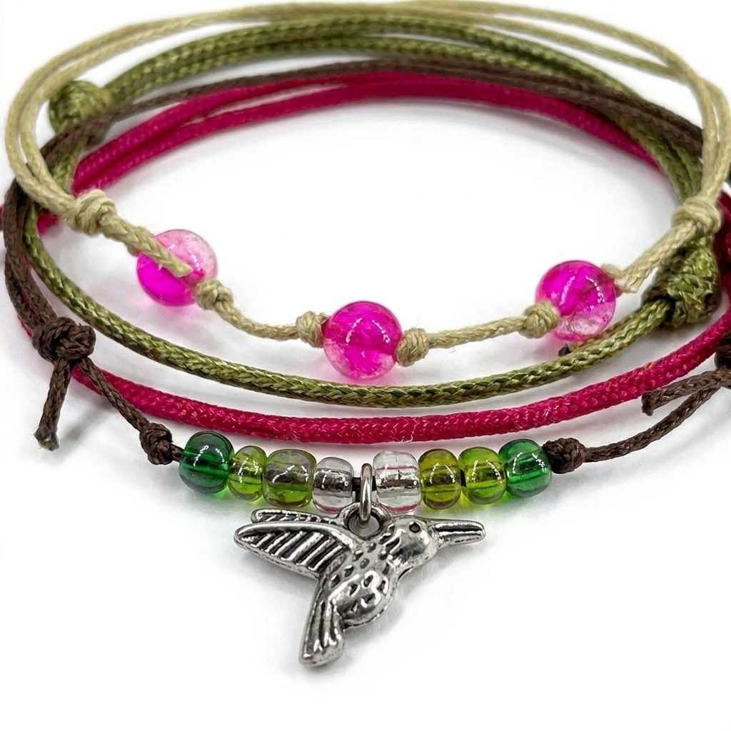 hummingbird bracelet pack close-up with pink and green glass beads, colorful cords and a silver-tone hummingbird charm.