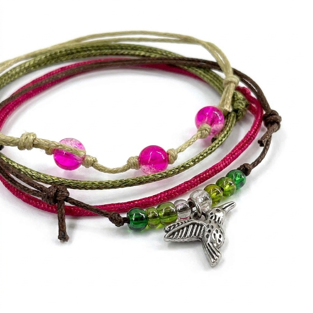 hummingbird bracelet pack angled close-up with pink and green beads, colorful cords and a silver-tone hummingbird charm.