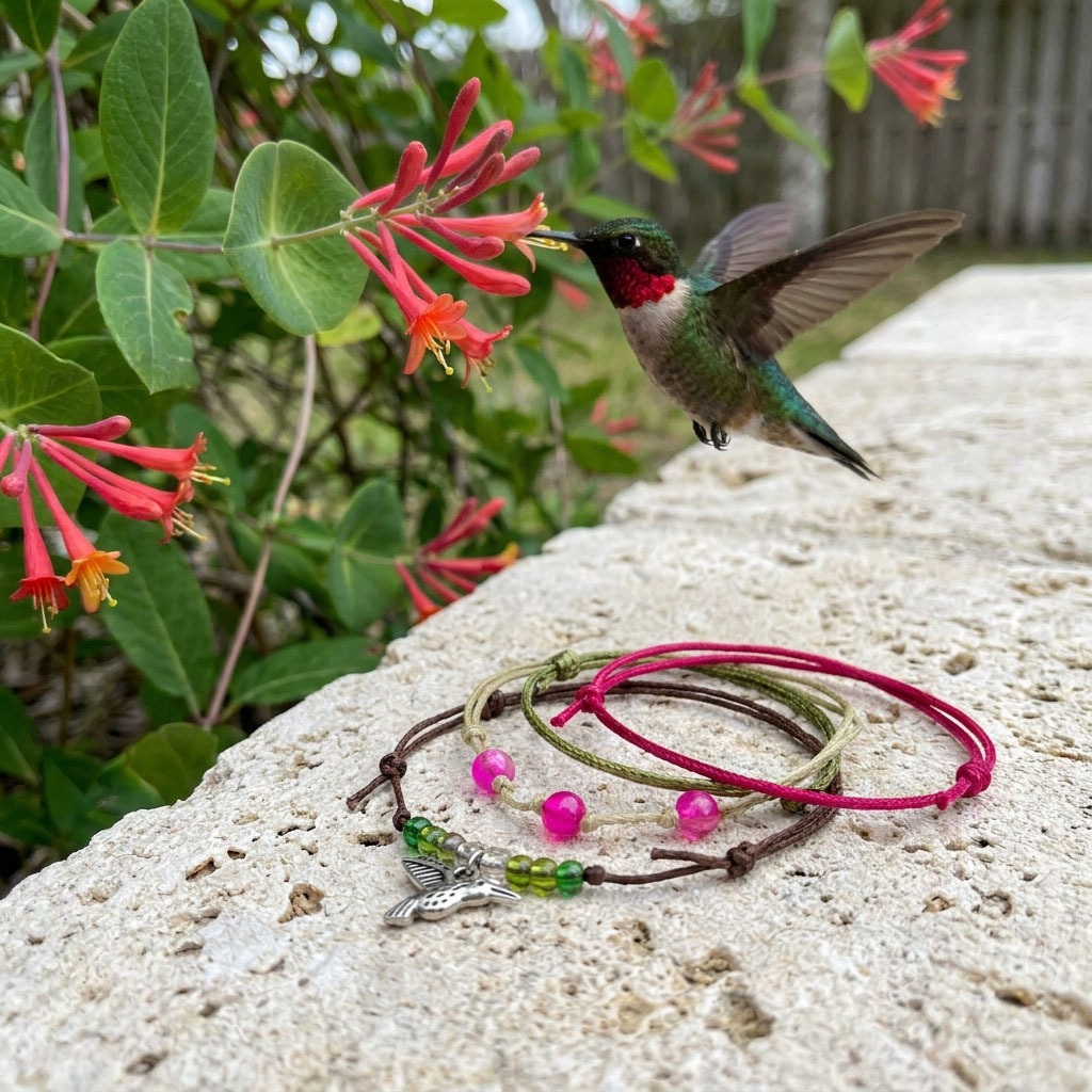 Show your love for hummingbirds with a cheerful four-piece bracelet stack featuring a silver-tone bird charm