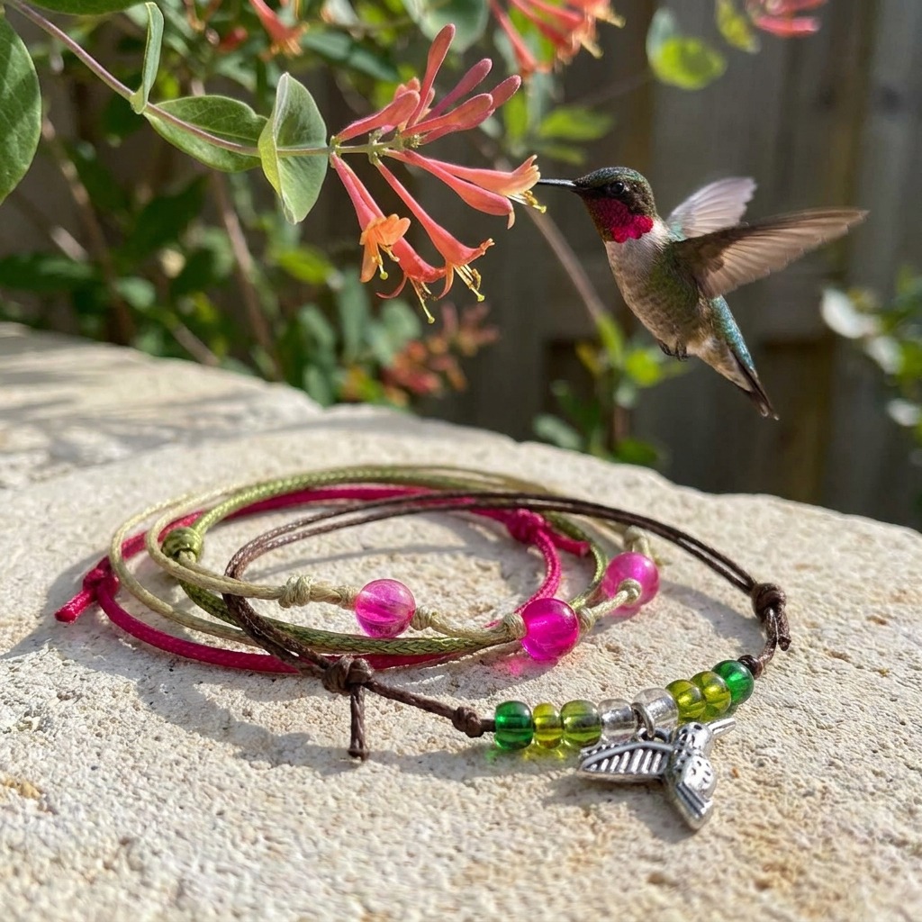 Show your love for hummingbirds with a cheerful four-piece bracelet stack featuring a silver-tone bird charm