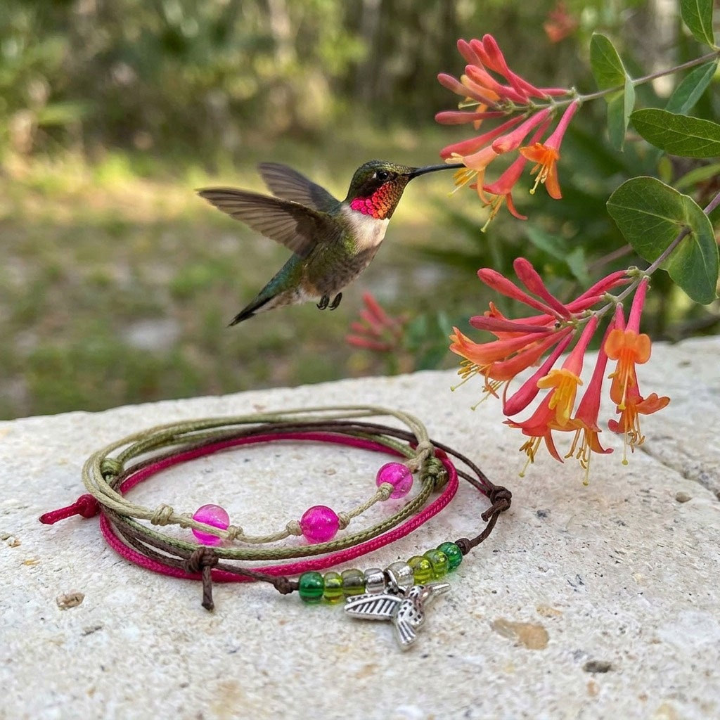 Show your love for hummingbirds with a cheerful four-piece bracelet stack featuring a silver-tone bird charm