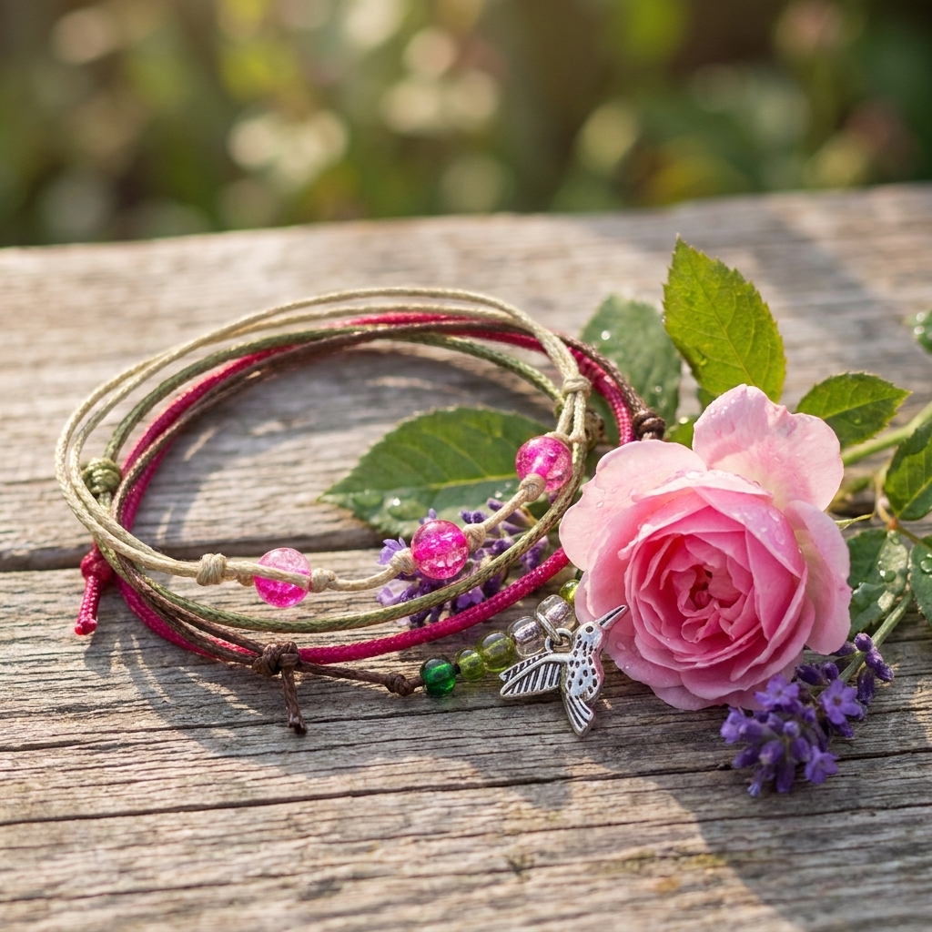 hummingbird bracelet pack with pink beads and silver-tone bird charm beside a pink rose on weathered wood.