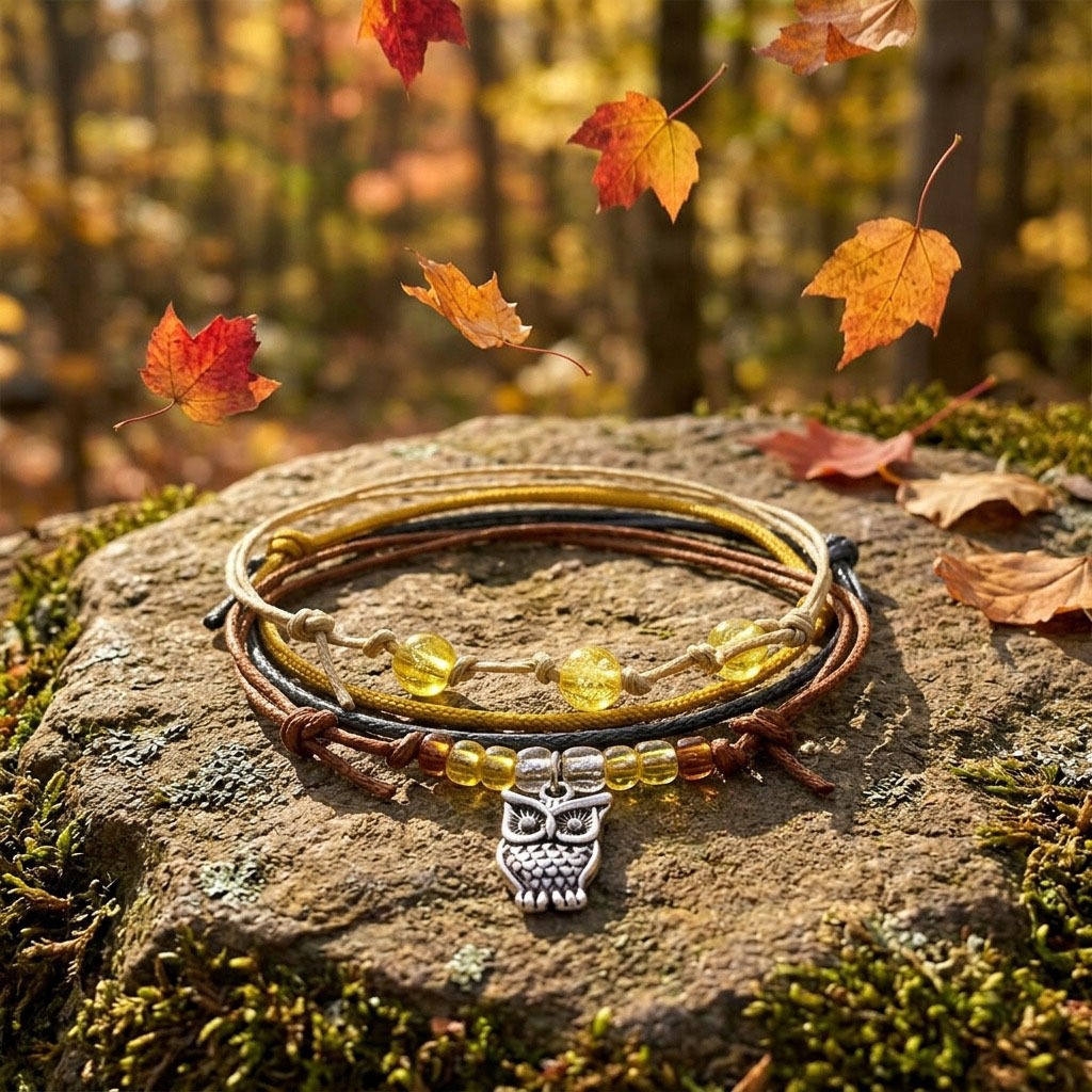 Your Owl Bracelet Stack brings a little woodland fun to sweater weather with four adjustable bracelets in earthy colors