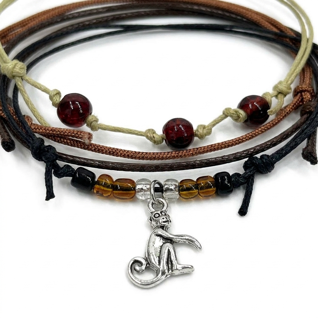 monkey bracelet set close-up showing a silver-tone monkey charm, glass beads and brown, black and beige adjustable cords.