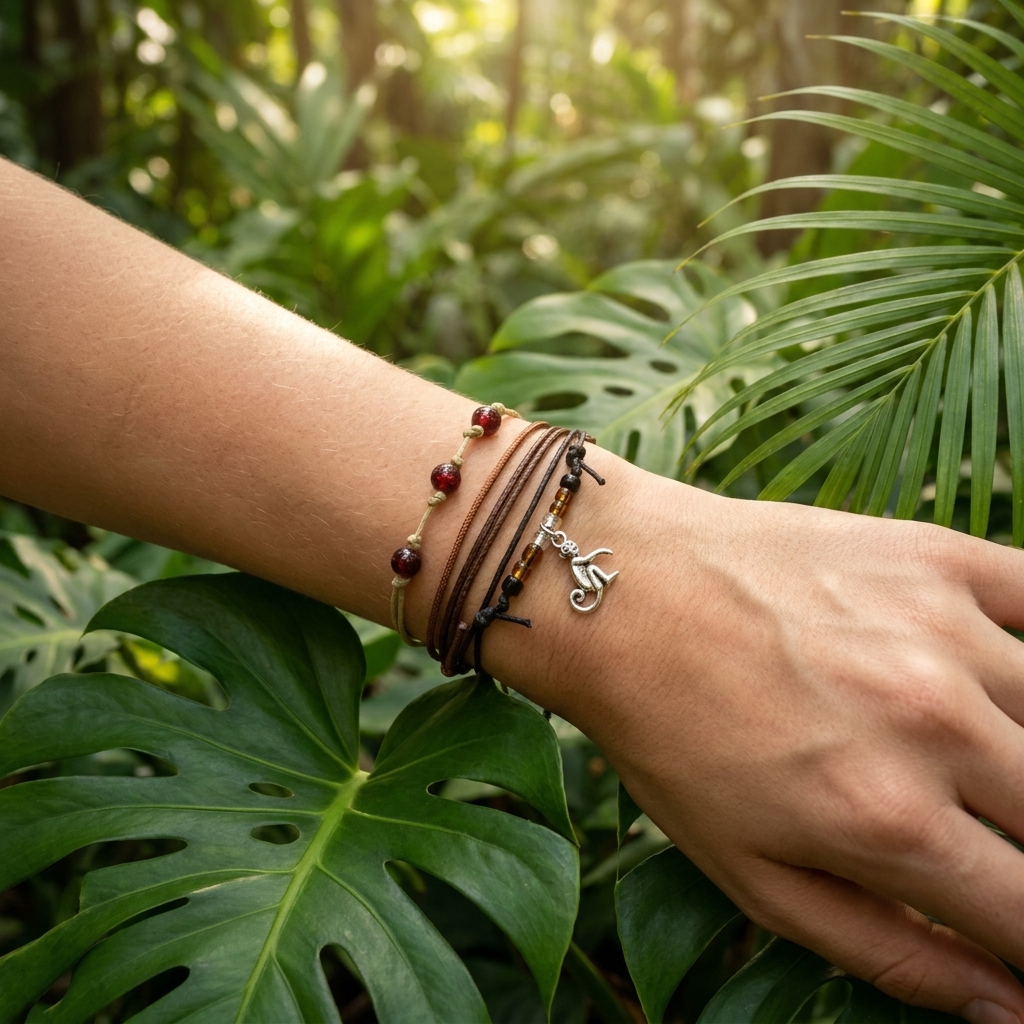 monkey bracelet set worn on a wrist among tropical green leaves, with dark red beads, brown cords and a silver-tone charm.