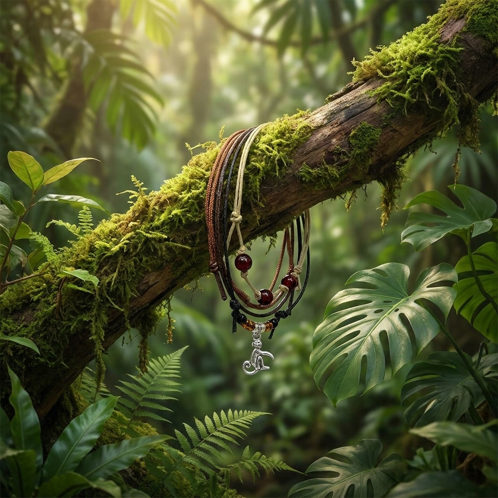 monkey bracelet set hanging from a mossy jungle branch with dark red beads, earthy cords and a silver-tone monkey charm.