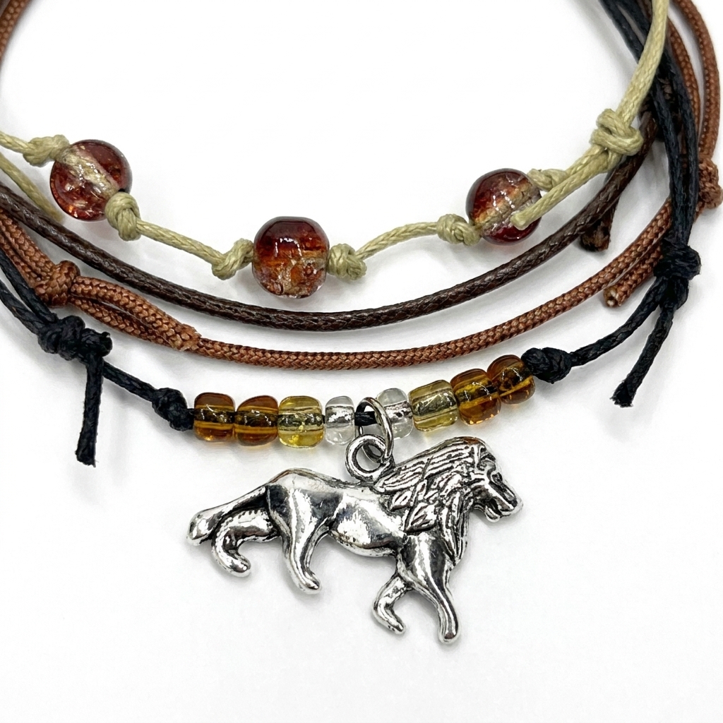 lion bracelet pack close-up with brown, black and beige cords, amber glass beads and a detailed silver-tone lion charm.