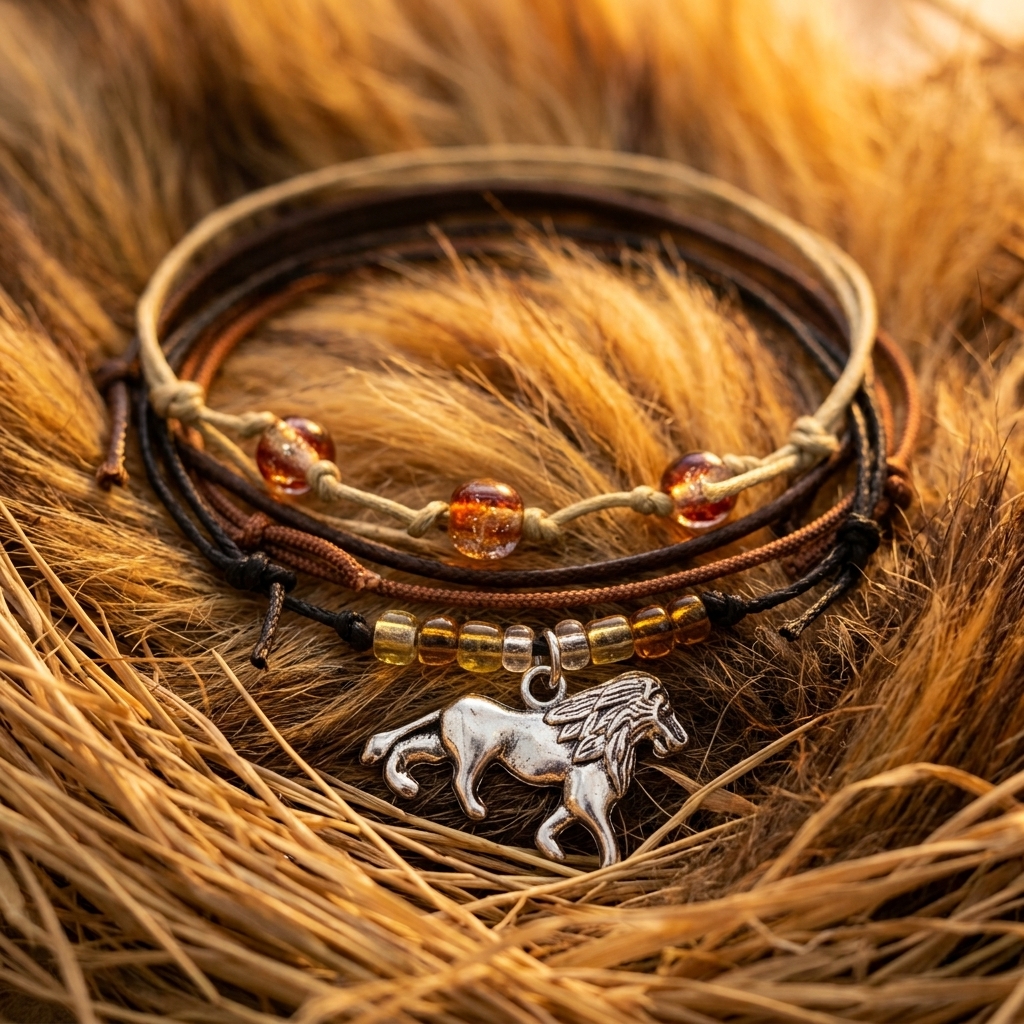lion bracelet pack with earthy cords, amber glass beads and a silver-tone lion charm nestled in golden straw and fur.