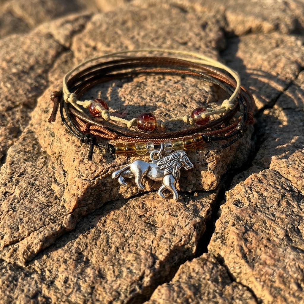 lion bracelet pack with brown, black and beige cords, amber glass beads and a silver-tone lion charm on sunlit rocks.