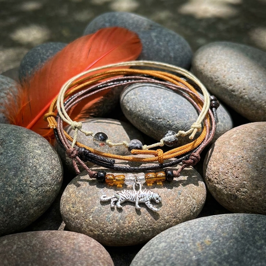 tiger bracelet stack with orange, brown and beige cords, glass beads and silver-tone tiger charm on stones by a feather.