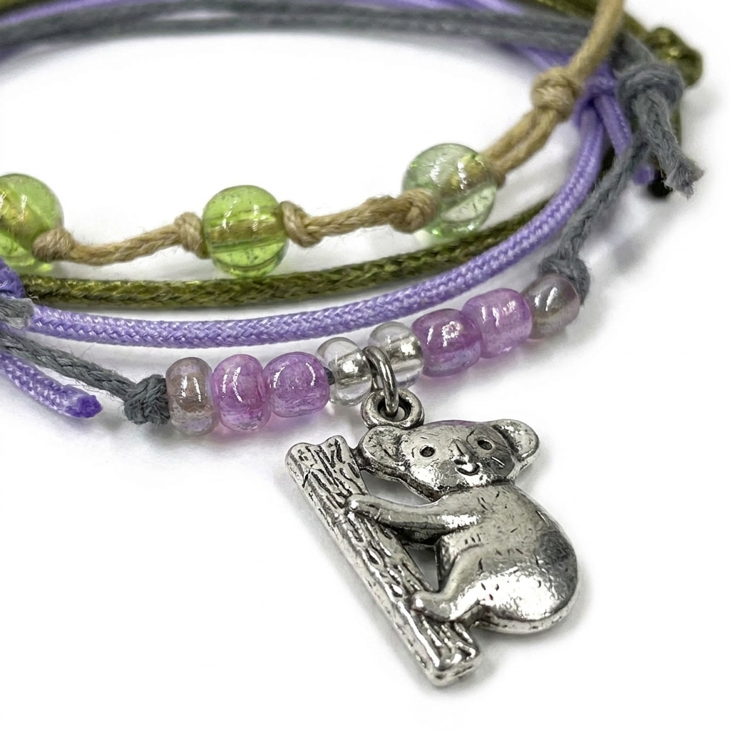 koala bracelet pack close-up with silver-tone koala charm, purple beads, green beads and gray, lavender and beige cords.