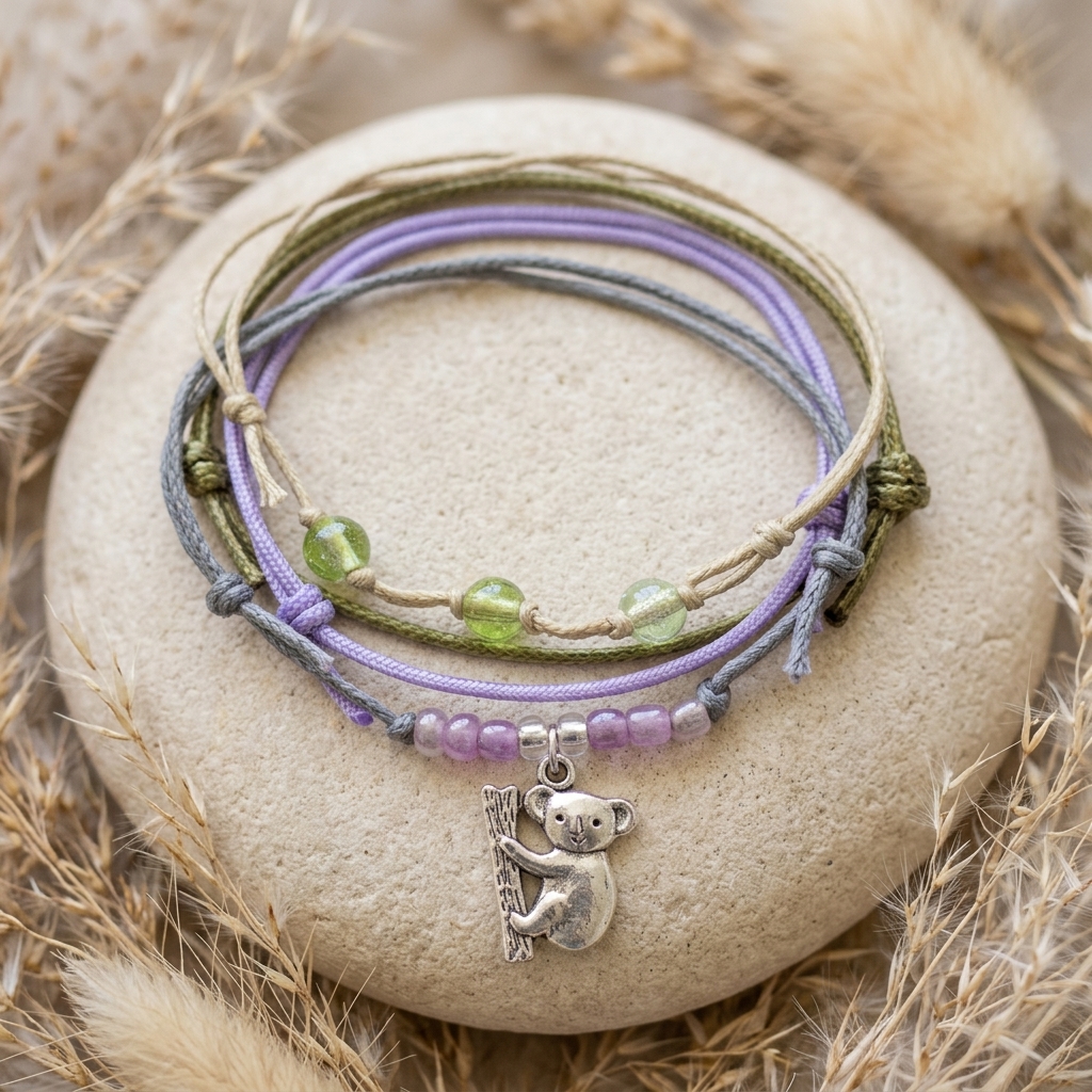 koala bracelet pack with lavender and gray cords, green beads and silver-tone koala charm on beige stone amid dried grasses.