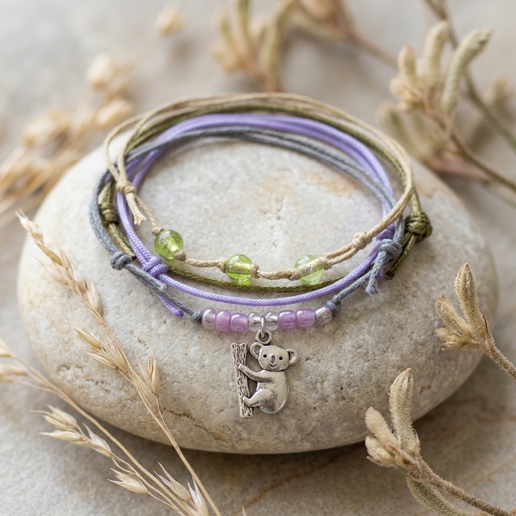 koala bracelet pack with purple and green beads, lavender and gray cords and silver-tone koala charm on stone and grasses.
