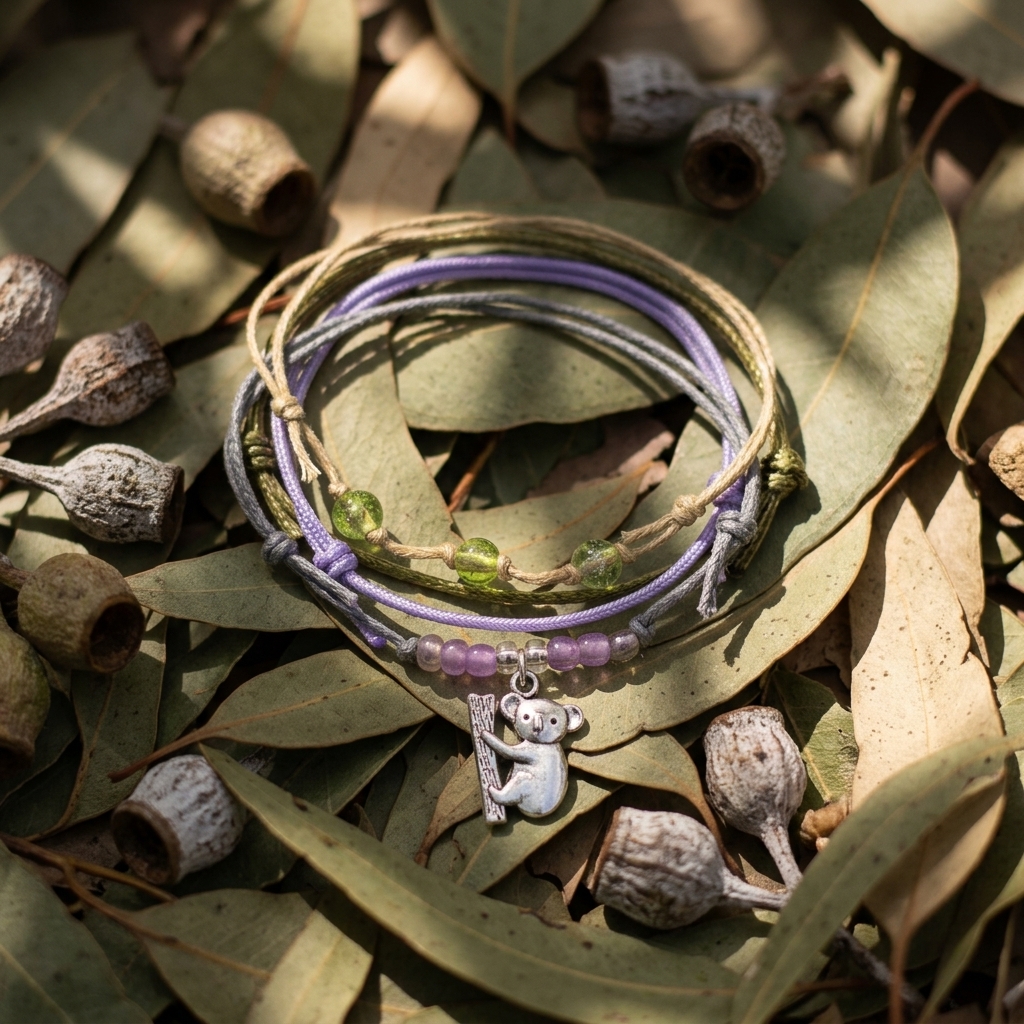 koala bracelet pack with lavender and gray cords, green beads and silver-tone koala charm on eucalyptus leaves and seed pods.