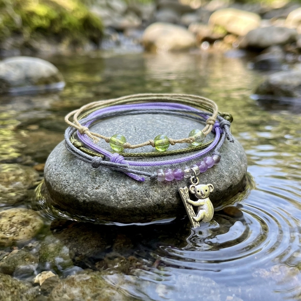 koala bracelet pack on gray stream rock with lavender cords, green beads and silver-tone koala charm beside rippling water.