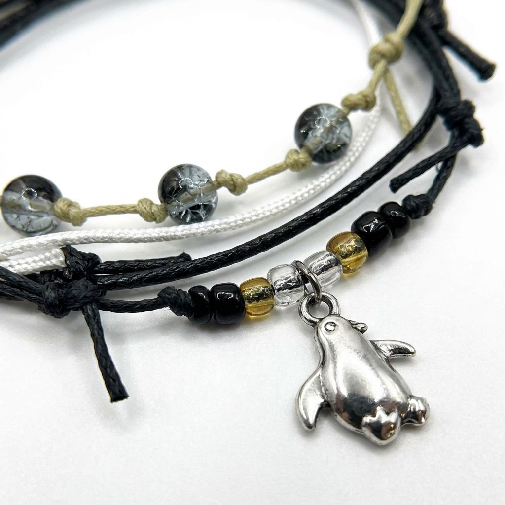 penguin bracelet set close-up with black, white and beige cords, glass beads and a shiny silver-tone penguin charm.