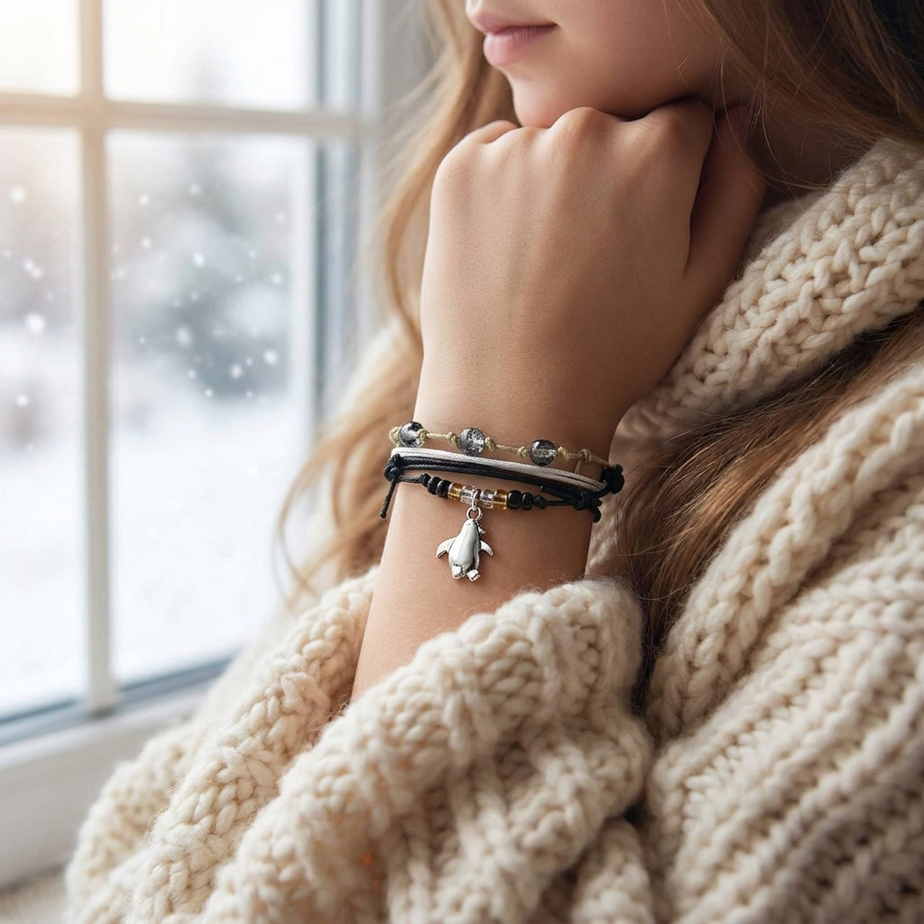 penguin bracelet set in black, white and beige on a woman's wrist beside a snowy window, with a cream knit sweater.