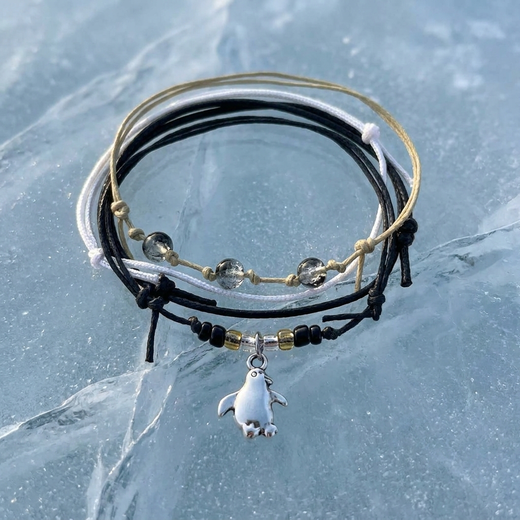 penguin bracelet set with four black, white and beige bracelets, glass beads and silver-tone penguin charm on blue ice.