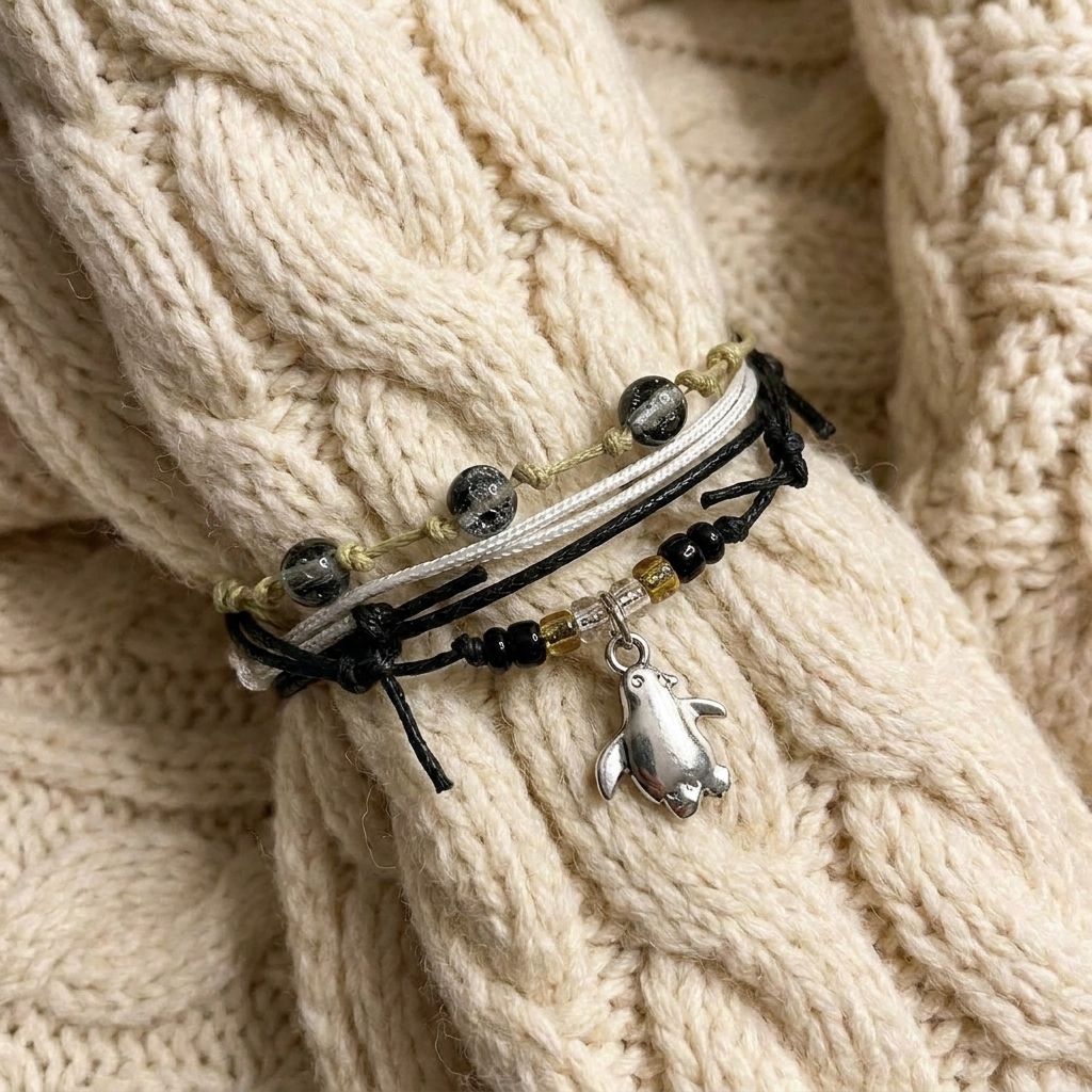 penguin bracelet set with black, white and beige cords, smoky glass beads and a silver-tone penguin charm on cream knit.