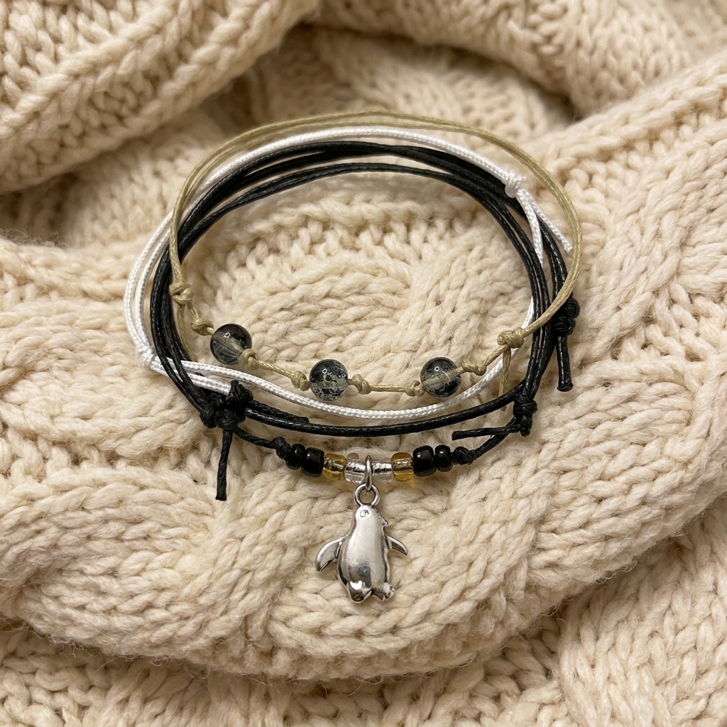 penguin bracelet set with black, white and beige cords, glass beads and a silver-tone penguin charm on cream cable knit.