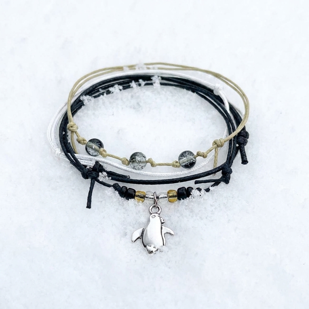 penguin bracelet set with black, white and beige cords, smoky glass beads and a silver-tone penguin charm resting in snow.