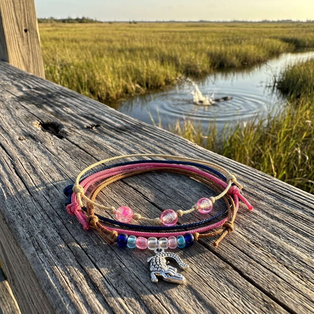 Bring your Everglades memories home with this pink Alligator Bracelet Style Pack featuring four adjustable bracelets and a si